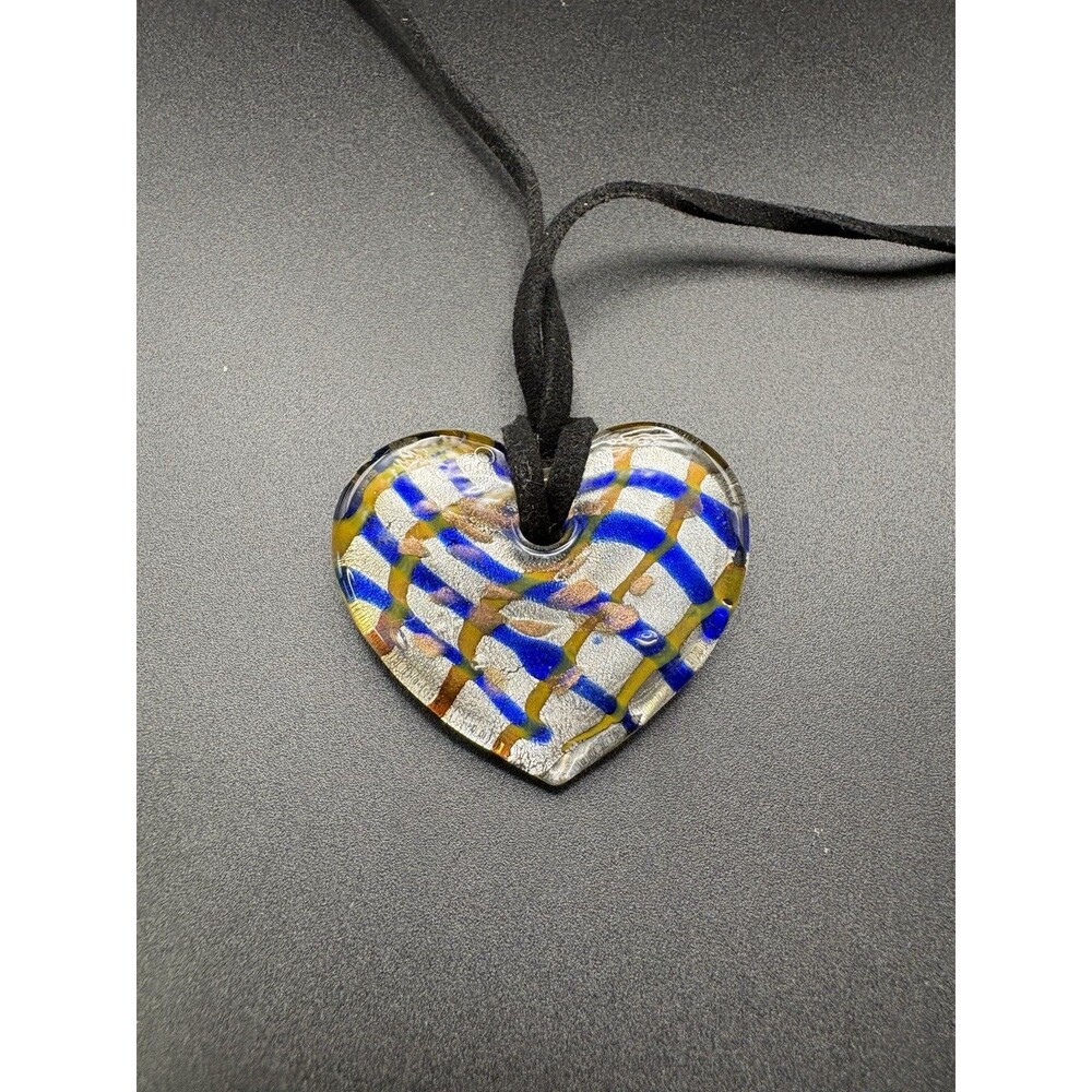Murano Style Art Glass Heart Pendant Necklace Blue Gold Silver Foil Leather Cord